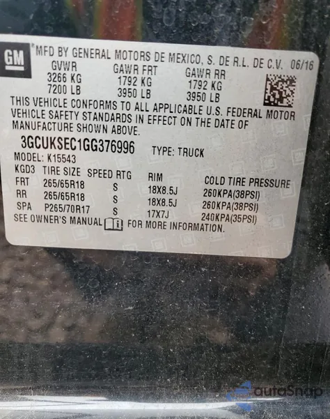 2016 Chevrolet Silverado 1500 2Lz from USA, damaged, VIN 3GCUKSEC1GG376996